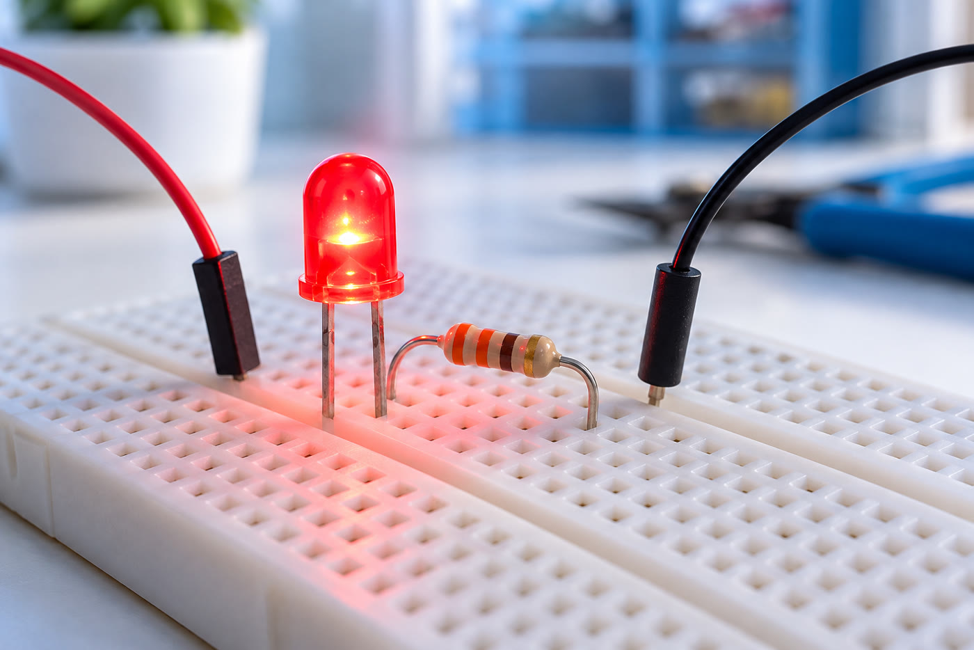 LED rojo encendido sobre una protoboard junto a una resistencia, con un cable rojo y uno negro conectados.