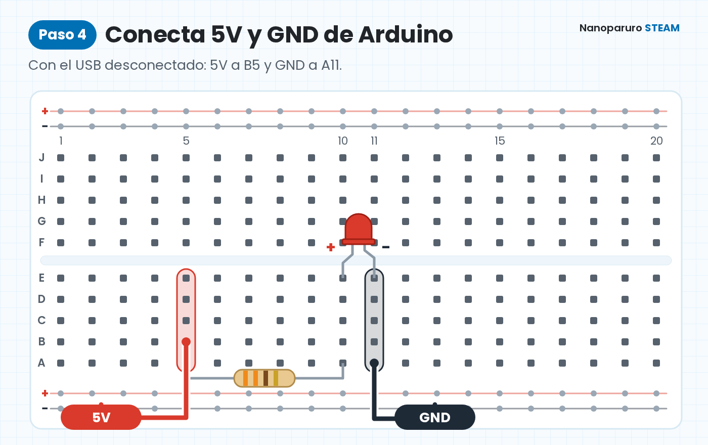 Diagrama: cable rojo desde 5V de Arduino a B5 y cable negro desde GND de Arduino a A11.