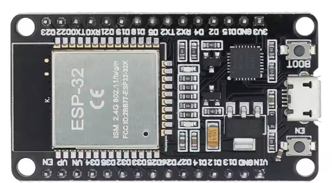 Placa ESP32 DevKit V1 de 30 pines con conector micro-USB, botones BOOT y EN y módulo ESP-32 plateado.