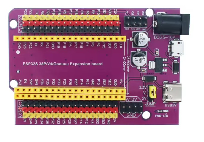Shield de expansión morado para ESP32 de 38 pines, con filas G, V y S para cada pin, dos filas de conectores para placas de 25,5 mm y 24 mm de ancho, conector DC y entradas USB.