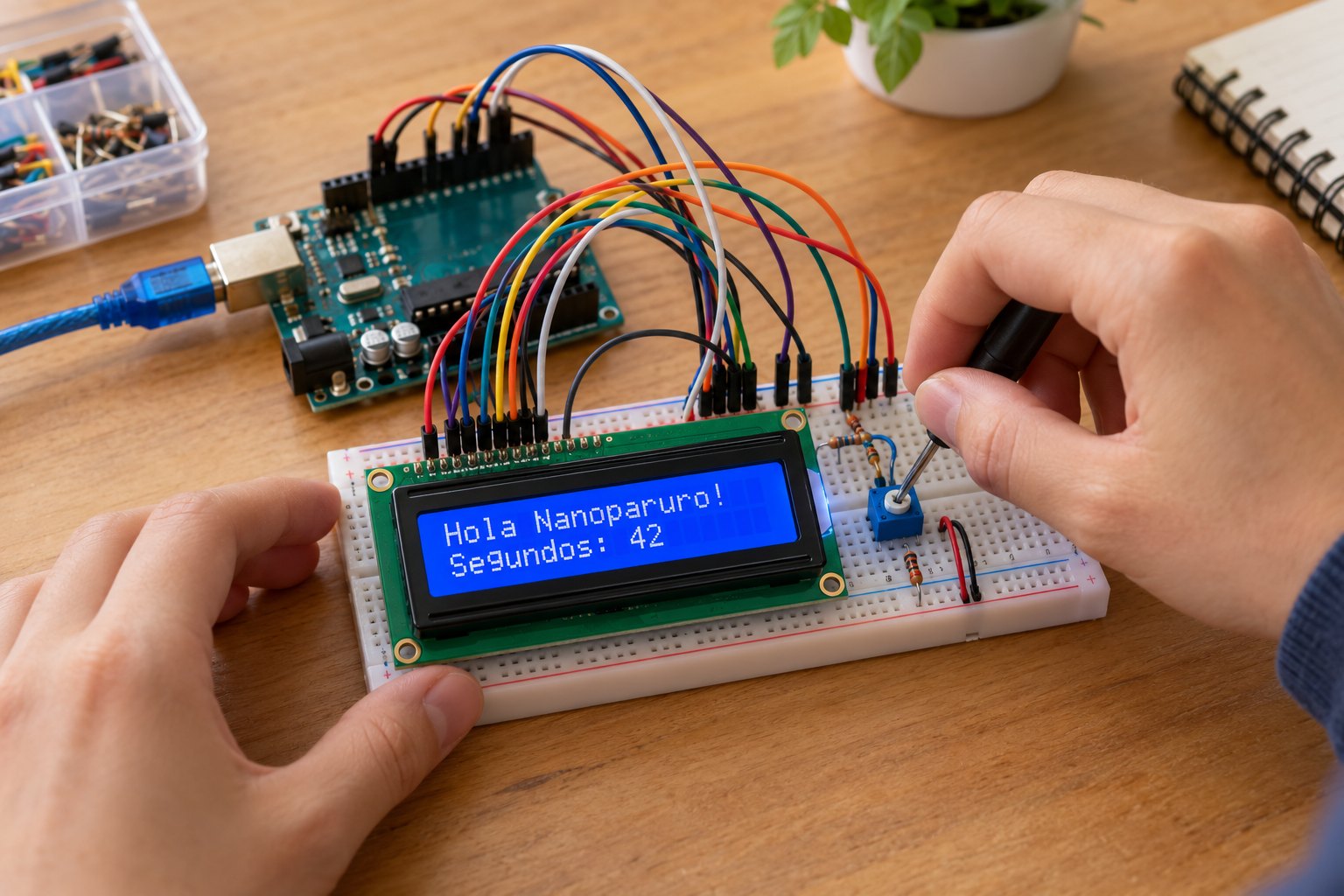 Pantalla LCD 16x2 (1602A) con Arduino: conexión, contraste y primer mensaje