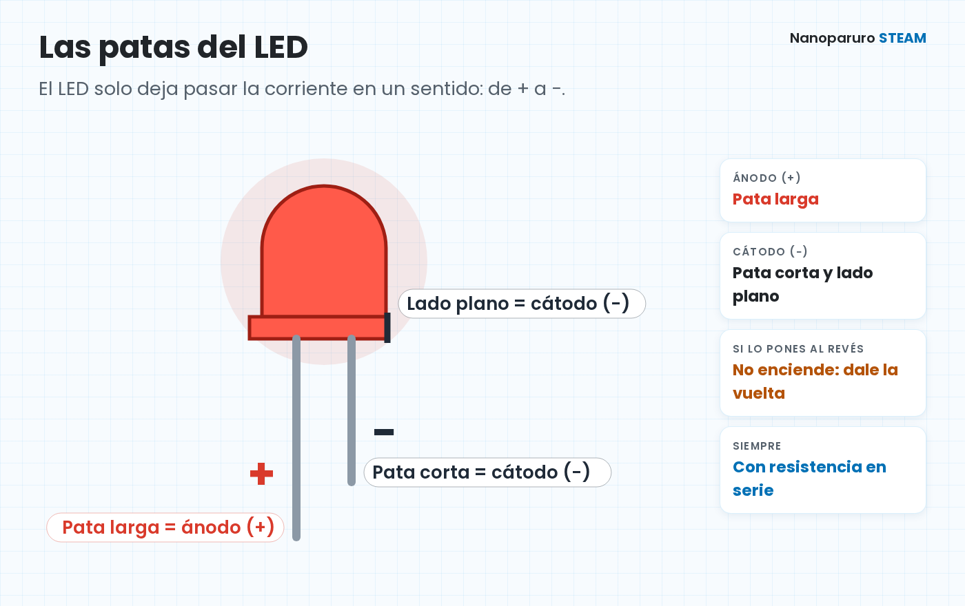 Partes de un LED de 5 mm: la pata larga es el ánodo (+), la pata corta es el cátodo (−) y el lado plano del borde también marca el cátodo.