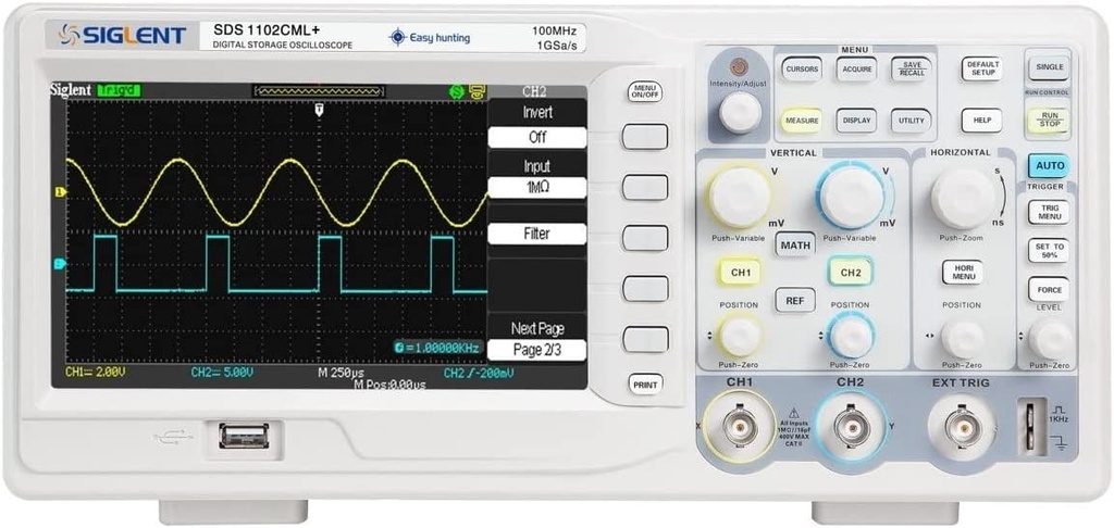 Osciloscopio Digital 100MHz de 2 canales Siglent, Incluye Puntas de Prueba y CD con Software (SDS1102CML+)