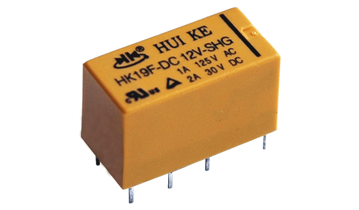 .Rele 12VDC 8 pin amarillo 1A 125V AC/2A 30V DC (HK19F-DC12VSHG)