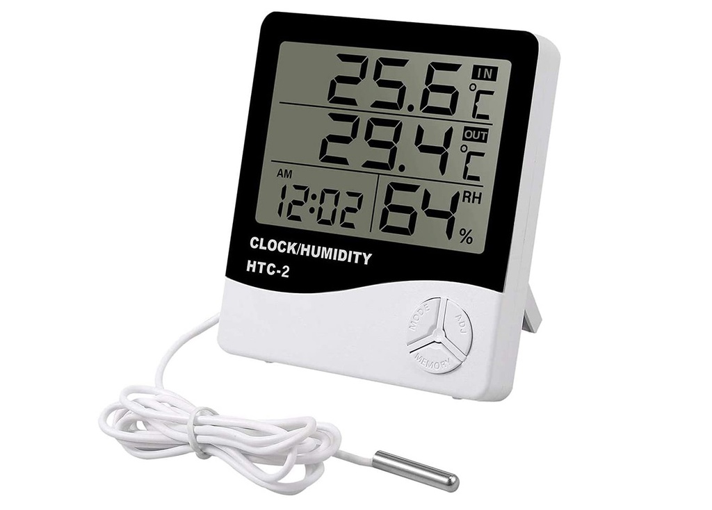 Higrometro Digital Medida de Temperatura Interna y Externa con Sonda Sumergible y Reloj (HTC-2)