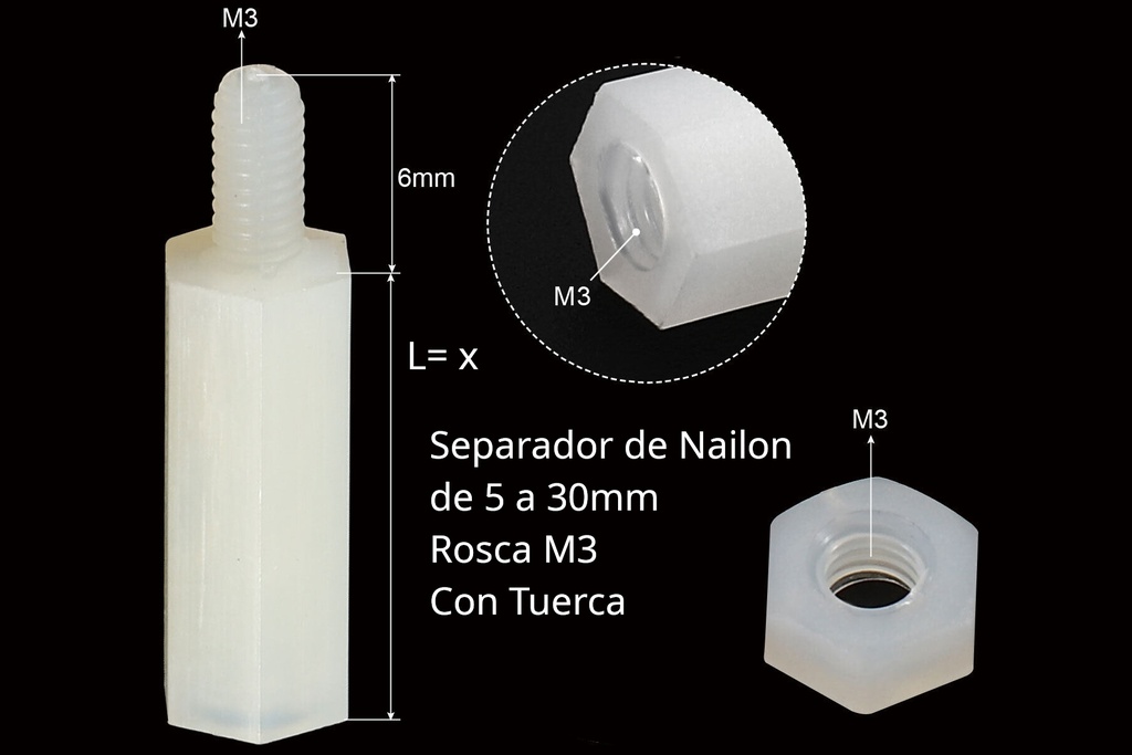 Separadores de nylon para Impreso de 10mm + 6mm (rosca) x M3