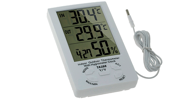 Higrometro Termometro Reloj Ambiental Digital para Interiores 0-50 °C Interno / -40 a 70 °C Ext. Humedad 10% a 99% (TA298)